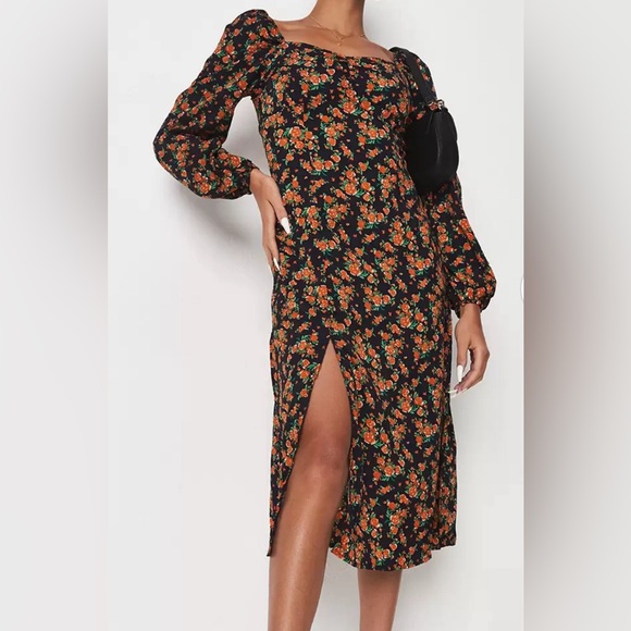 MISSGUIDED Navy Blue & Orange Floral Print A-Line Dress with High Slit fall - Picture 3 of 7